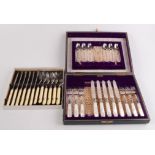 A cased, silver plated six piece cutlery set,