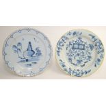 Two Delft pottery blue and white plates, 18th century, each diameter 22.5cm.