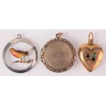 An enamelled silver pendant, a gilt locket and a 15ct gold heart pendant (lacks stones).