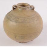 A Thai Swankalok 14th/16th century globular twin handled jar with bands of under glaze iron