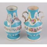 A pair of English porcelain twin handled vases, possibly Madeley, 18th/19th century,