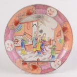A New Hall chinoiserie porcelain shallow dish decorated with female figures in front of a pavilion,