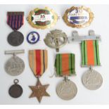 Two Western National long service badges, a D.C.L.I cap badge and other medals.