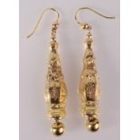 A pair of very high purity gold 19th century continental drop earrings with engraved floral