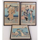 A Japanese woodblock triptych print by Toyokuni, entitled 'Beauty and Samurai on the beach',