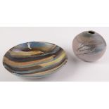 A Studio Pottery dish, with polychrome abstract design, diameter 29cm, a globular shaped vase,