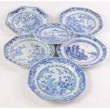 A Chinese blue and white porcelain octagonal plate, 18th century, decorated with a river scene,