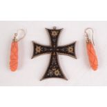 A 19th century pique d'argent d'or cross, together with two gold mounted coral earrings.