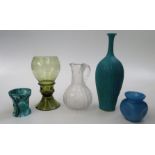 A glass jug with a fluted body, height 18cm, a German green glass goblet,