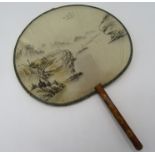 A Chinese silk hand fan, decorated with a river scene, with calligraphy and bamboo handle, 32.