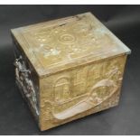 A large brass log box, early 20th century, embossed with a gondola to the front, height 47cm,