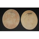 A pair of oval plaster plaques, each decorated with a portrait of a lady, 41.5 x 36cm.