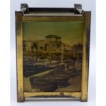 A brass hall lantern, with four photographic glass panels showing coastal and river scenes,