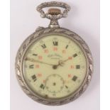 A satin nickel case keyless open face pocket watch by Victor Petiteau, Besancon.