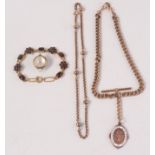 A pair of garnet earrings, watch chains etc.