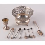 A Greek Armaos silver bowl with cast pierced border. 226g. Various silver spoons and an egg cup etc.