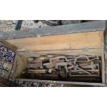 A carpenters wooden tool chest and contents, including a selection of wood planes, width 92cm,