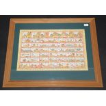 A large cotton panel, possibly Balinese, depicting a cartoon strip like story, framed and glazed,
