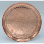 A Newlyn Copper masonic tray, it shows a fishing lugger before St.