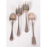 Three George III Old English pattern silver tablespoons and a fiddle pattern silver tablespoon. 7.