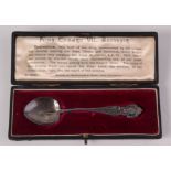 An Art Nouveau 1902 coronation silver spoon, cased. Condition report: Spoon 11.