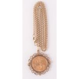 An Edward VII sovereign dated 1907 in pendant mount on 9ct gold belcher link chain, 19.6g.