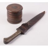 A wooden handled dagger with steel blade in a leather scabbard, length 46cm,