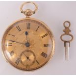 An 18ct gold cased keywind open gold face pocket watch by E & E Emanuel,