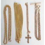 9ct gold chains and a gold cross, 29.4g.