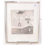 A Betty Holman etching, of a church with figures and dog in the foreground,