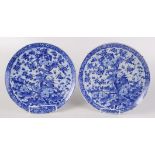 A pair of Japanese blue and white chargers, decorated with birds perched on a flowering tree,