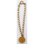 An American 1853 one dollar piece on a short 9ct gold chain, total weight 3.9g.