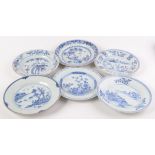 Six Chinese porcelain blue and white plates, 18th century, 23cm diameter.