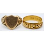 An 18ct gold Mizpah ring, Birmingham 1888, together with an 18ct gold signet ring, 9.6g.