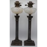 A pair of electroplated and cut glass oil lamps, Messengers patents for Harrods,