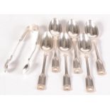 A set of six silver fiddle, thread and shell teaspoons and a pair of matching sugar tongs.