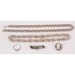 Two silver chains, 81g, together with two silver brooches and a silver ring.