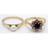 A 9ct gold cluster ring and a 9ct gold ring set a pearl.