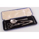 A cased silver plated fruit set, including a pair of grape scissors, length of case 34cm.