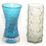 A Whitefrairs blue glass vase of trumpet form, height 15cm and an hexagonal vase, height 15cm.