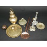 Miscellaneous metalware, including two copper ladles, a brass chamber candlestick,