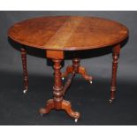 A burr walnut veneered Victorian oval Sutherland table with spiral supports and cast cabriole legs,