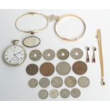 An Omega pocket watch, coins, and a Chinese mother of pearl brooch etc.