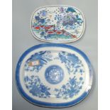A large oval blue and white meat plate, 39 x 47cm, together with a 'Stone China' pottery strainer,