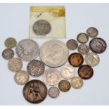 Coins, including George III 1787, George IV 1826 and Victoria 1890 shillings and other silver.