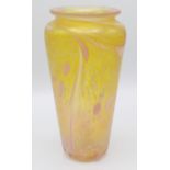 An Isle of Wight conical, yellow and pink iridescent glass vase, height 23cm.