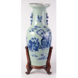 A large Chinese celadon ground, twin handled baluster vase with blue and white decoration,