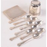 Eight rifle prize coffee spoons, a continental silver beaker and a silver cigarette case. 8.5oz.