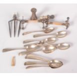 Ten Old English pattern silver teaspoons, 7.2oz, etc including silver plate.