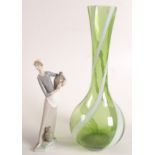 A Lladro figure of a lady holding a flagon, height 32cm and a large green and white flashed vase,
